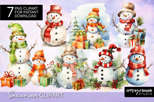 Christmas Sublimation Bundle, Watercolor Snowman Clipart PNG Sublimation OrangeBrushStudio 