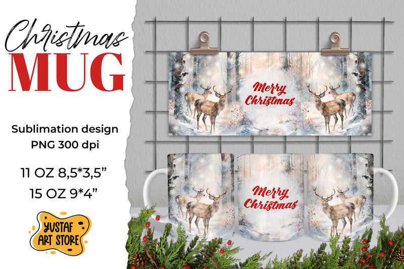 Christmas sublimation mug wrap. Christmas deer in forest PNG Sublimation Yustaf Art Store 