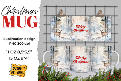 Christmas sublimation mug wrap. Christmas deer in forest PNG Sublimation Yustaf Art Store 