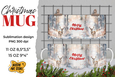 Christmas sublimation mug wrap. Christmas deer in forest PNG Sublimation Yustaf Art Store 