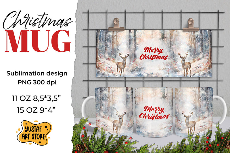Christmas sublimation mug wrap. Christmas deer in forest PNG Sublimation Yustaf Art Store 