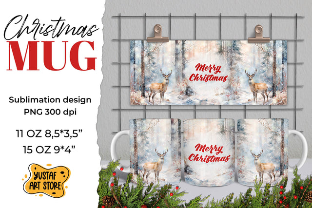 Christmas sublimation mug wrap. Christmas deer in forest PNG Sublimation Yustaf Art Store 