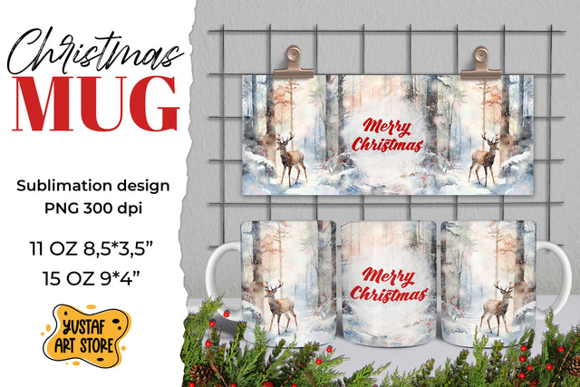 Christmas sublimation mug wrap. Christmas deer in forest PNG Sublimation Yustaf Art Store 
