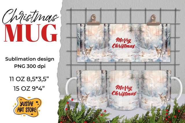 Christmas sublimation mug wrap. Christmas deer in forest PNG Sublimation Yustaf Art Store 