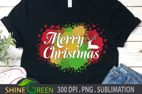 Christmas Sublimation PNG with Reindeer, Splash Background Sublimation Shine Green Art 