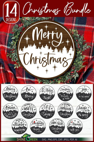 Christmas SVG Bundle 14 Round Signs for Home, Farmhouse Door Sign SVG Shine Green Art 