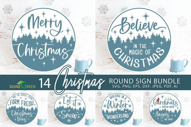 Christmas SVG Bundle 14 Round Signs for Home, Farmhouse Door Sign SVG Shine Green Art 
