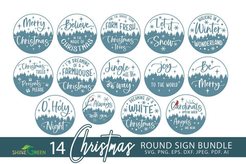 Christmas SVG Bundle 14 Round Signs for Home, Farmhouse Door Sign SVG Shine Green Art 