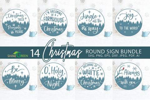 Christmas SVG Bundle 14 Round Signs for Home, Farmhouse Door Sign SVG Shine Green Art 