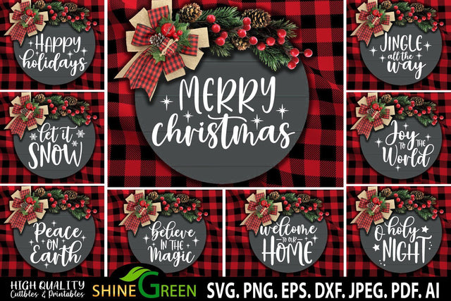 Christmas SVG Bundle - 9 Round Wood Signs for Home, Farmhouse SVG Shine Green Art 