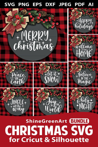 Christmas SVG Bundle - 9 Round Wood Signs for Home, Farmhouse SVG Shine Green Art 