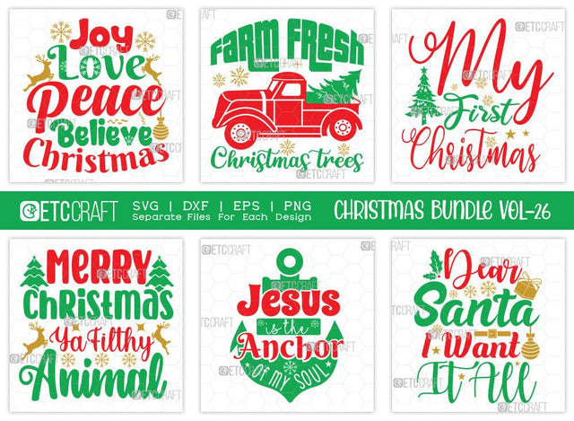 Christmas SVG Bundle Vol-26 | Joy Love Peace Believe Christmas | Merry Christmas Svg | Farm Fresh Christmas Trees Svg | Family Christmas Svg | T-shirt Design SVG ETC Craft 