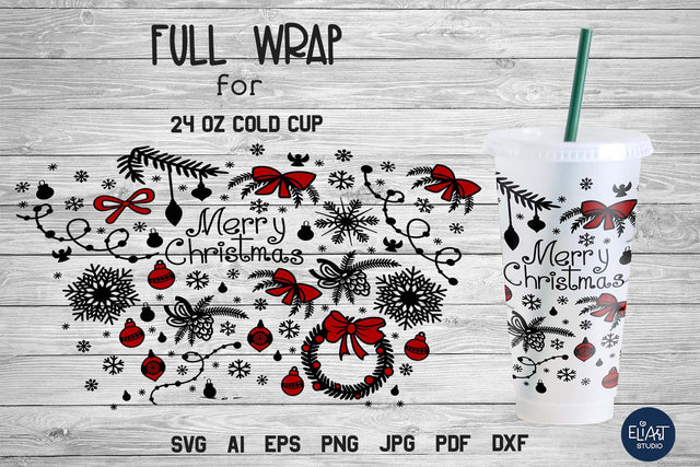 Christmas SVG Cold Cup Wrap, Full Cup Wrap SVG no Hole, 24 OZ Cold Cup Wrap. SVG Elinorka 