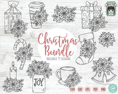 Christmas SVG File, Christmas Bundle SVG Cut Files, Poinsettia SVG, Present SVG, Candle SVG, Lantern SVG, Candy Cane SVG, Coffee SVG, Teacup SVG, Mason Jar SVG, Stocking SVG, Bell SVG SVG Wild Pilot 