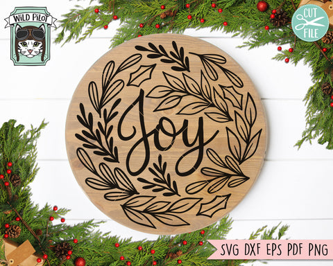 Christmas SVG File, Joy SVG, Christmas Round SVG, Round Christmas Sign SVG File, Christmas Cut File, Leaf Sign SVG Cut File, Christmas Sign Cut File SVG Wild Pilot 