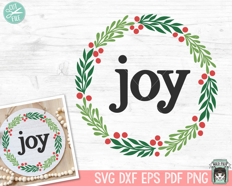 Christmas SVG, Joy Wreath svg, Christmas Round Sign SVG, Laurel Leaves svg, Christmas Round Sign png, Xmas svg, Happy Holidays svg SVG Wild Pilot 