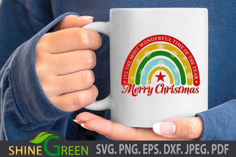 Christmas SVG Rainbow Cut File with Snowflakes DXF, EPS SVG Shine Green Art 