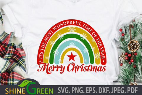 Christmas SVG Rainbow Cut File with Snowflakes DXF, EPS SVG Shine Green Art 