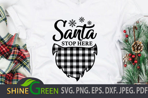 Christmas SVG - Santa Stop Here, Beard, Buffalo Plaid SVG Shine Green Art 