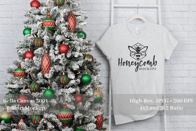 Christmas T-Shirt Mockup, Ash Bella Canvas 3001 Mockup, Holiday Mockup Mock Up Photo Honeycomb Mockups 
