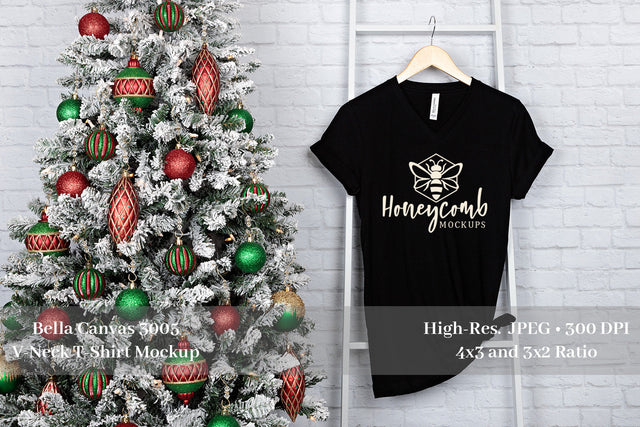 Christmas T-Shirt Mockup, Bella Canvas 3005 Black V-Neck Mockup Mock Up Photo Honeycomb Mockups 