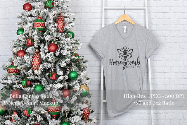 Christmas T-Shirt Mockup, Bella Canvas 3005 Heather Athletic V-Neck Mockup Mock Up Photo Honeycomb Mockups 