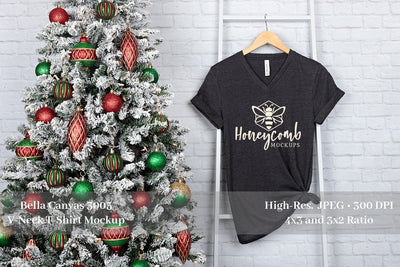 Christmas T-Shirt Mockup, Bella Canvas 3005 V-Neck Mockup Mock Up Photo Honeycomb Mockups 