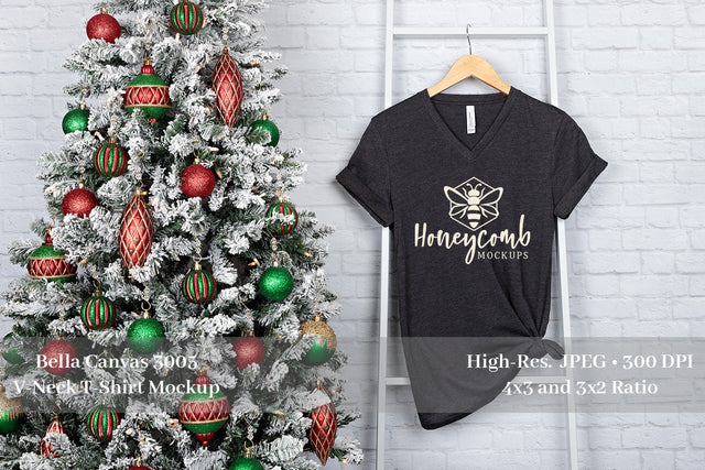 Christmas T-Shirt Mockup, Bella Canvas 3005 V-Neck Mockup Mock Up Photo Honeycomb Mockups 