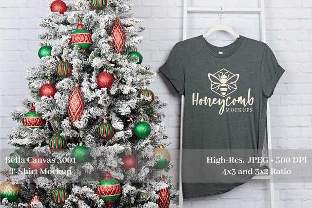 Christmas T-Shirt Mockup, Bella Canvas Heather Forest 3001 Mockup, Holiday Mockup Mock Up Photo Honeycomb Mockups 