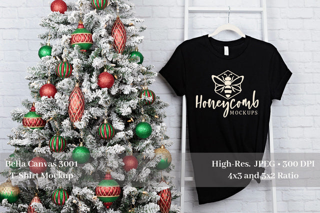 Christmas T-Shirt Mockup, Black Bella Canvas 3001 Mockup, Holiday Mockup Mock Up Photo Honeycomb Mockups 