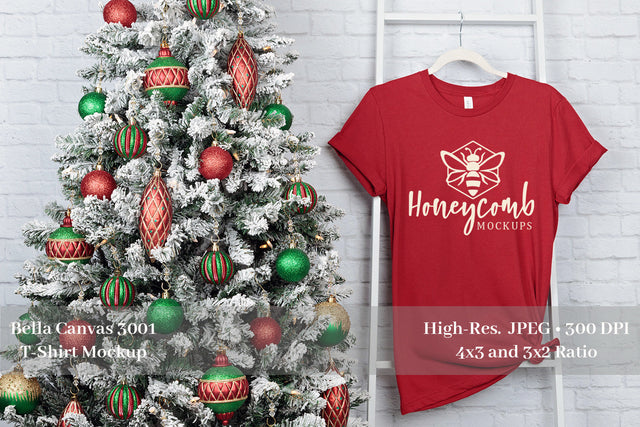 Christmas T-Shirt Mockup, Canvas Red Bella Canvas 3001 Mockup, Holiday Mockup Mock Up Photo Honeycomb Mockups 
