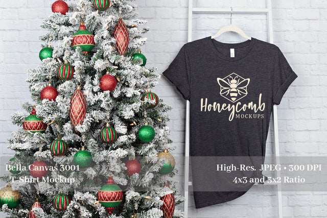 Christmas T-Shirt Mockup, Heather Dark Grey Bella Canvas 3001 Mockup, Holiday Mockup Mock Up Photo Honeycomb Mockups 