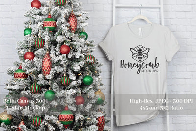 Christmas T-Shirt Mockup, Silver Bella Canvas 3001 Mockup, Holiday Mockup Mock Up Photo Honeycomb Mockups 