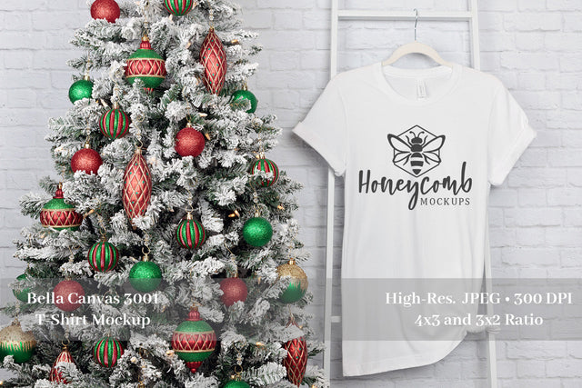 Christmas T-Shirt Mockup, White Bella Canvas 3001 Mockup, Holiday Mockup Mock Up Photo Honeycomb Mockups 
