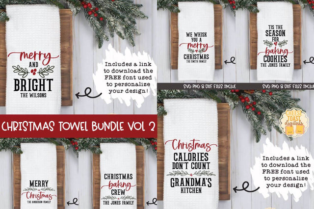 Christmas Tea Towel SVG Bundle Vol 2 | Personalized Family Designs SVG Cheese Toast Digitals 