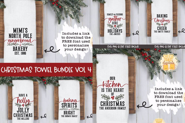 Christmas Tea Towel SVG Bundle Vol 4 | Personalized Family Designs SVG Cheese Toast Digitals 