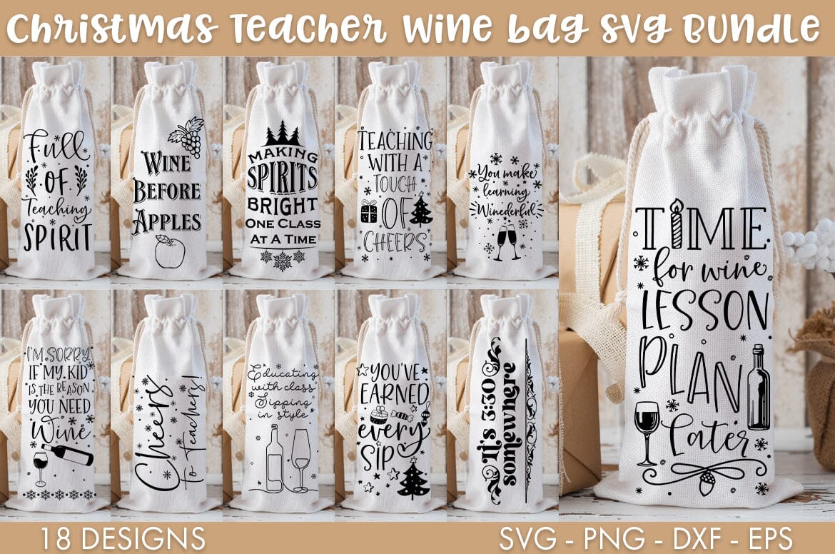 Christmas wine bottle bag bundle svg png dxf eps jpeg Chameleon Cuttables  LLC