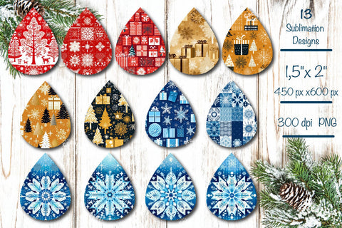 Christmas teardrop earrings Bundle sublimation Christmas 3D flower Baby Animals Snowman png Sublimation Createya Design 