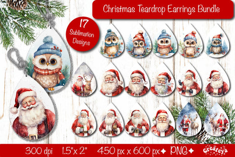 Christmas teardrop earrings Bundle sublimation Christmas Owl and Santa png Sublimation Createya Design 
