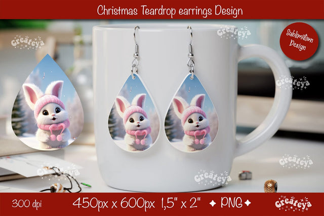 Christmas teardrop earrings Bunny sublimation Christmas Baby Animal png Sublimation Createya Design 