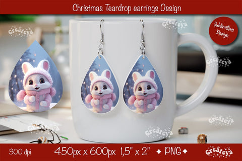 Christmas teardrop earrings Bunny sublimation Christmas Baby Animal png Sublimation Createya Design 