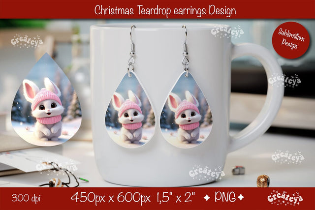 Christmas teardrop earrings Bunny sublimation Christmas Baby Animal png Sublimation Createya Design 
