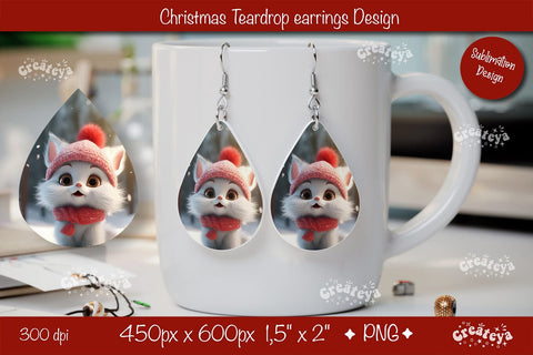Christmas teardrop earrings Cat sublimation Christmas Baby Animal png Sublimation Createya Design 