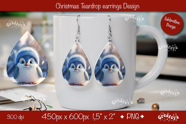 Christmas teardrop earrings Penguin sublimation Christmas Baby Animal png Sublimation Createya Design 