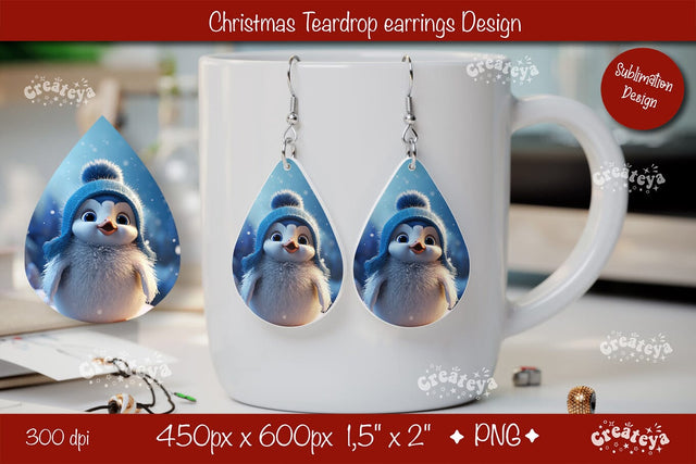 Christmas teardrop earrings Penguin sublimation Christmas Baby Animal png Sublimation Createya Design 