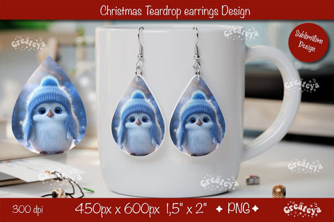 Christmas teardrop earrings Penguin sublimation Christmas Baby Animal png Sublimation Createya Design 