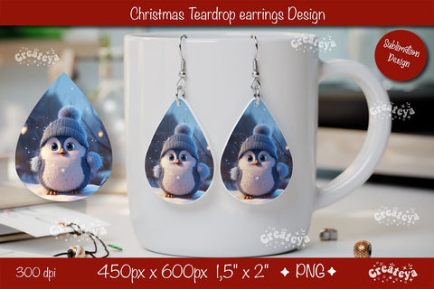 Christmas teardrop earrings Penguin sublimation Christmas Baby Animal png Sublimation Createya Design 