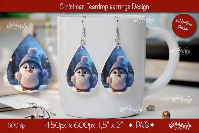 Christmas teardrop earrings Penguin sublimation Christmas Baby Animal png Sublimation Createya Design 