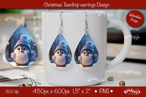 Christmas teardrop earrings Penguin sublimation Christmas Baby Animal png Sublimation Createya Design 