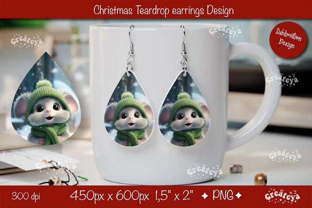Christmas teardrop earrings sublimation Christmas Baby Animal Mouse png Sublimation Createya Design 